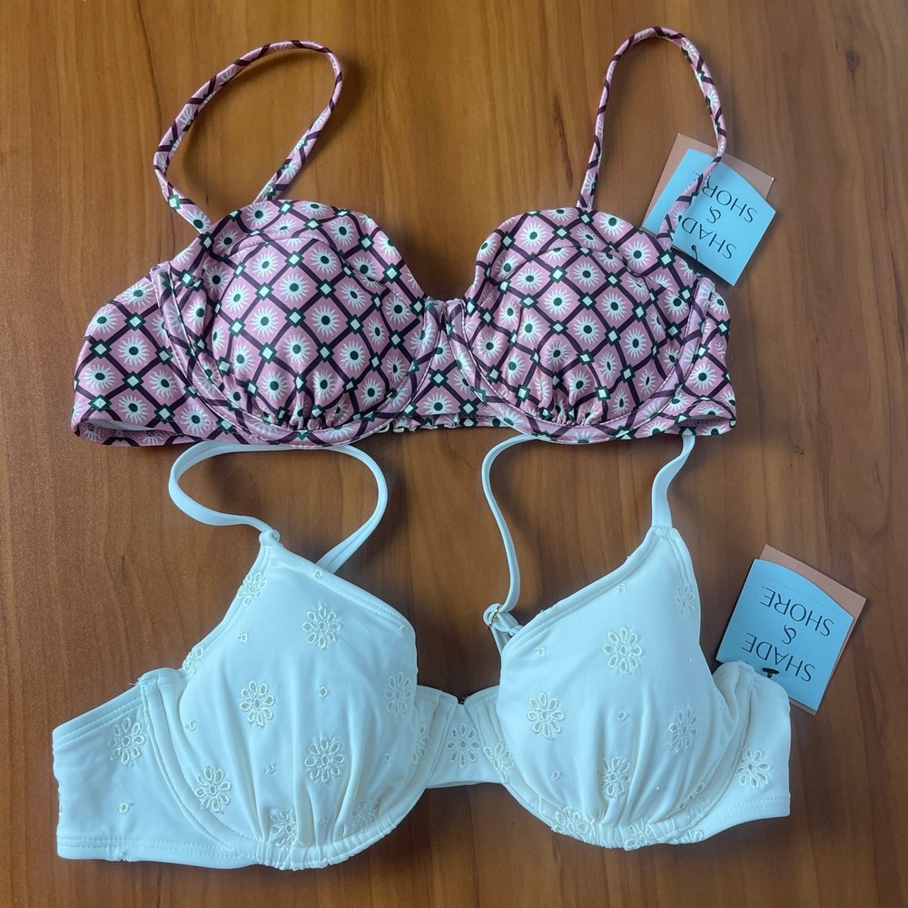 Lot of 2 Shade & Shore Bikini Top Set Underwire Floral Pink & White Bra 36B